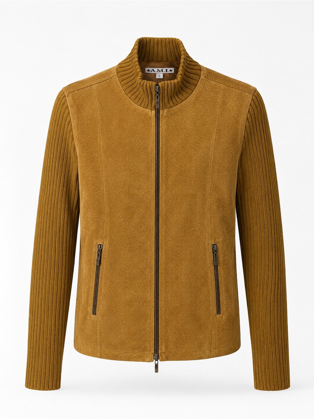 AMI Genuine Suede Leather with Knit Sleeves Zip-Front Jacket in Tan Medium